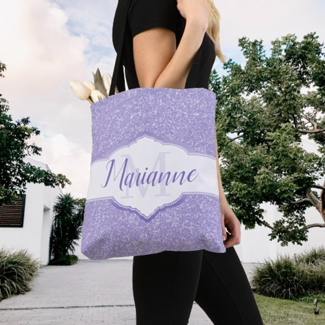 Bolsa De Tote De Monograma Púrpura Purpurina (Purple Glitter Monogram Tote Bag)