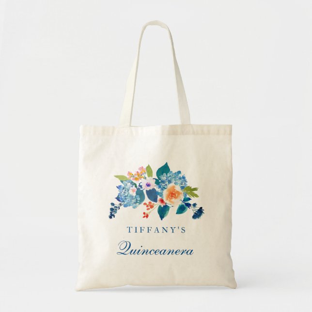 Bolsa De Tote De Quinceanera Floral Azul Y Peach (Frente)