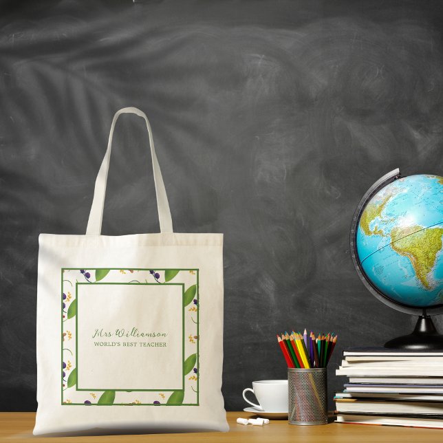 Bolsa de Tote de un profesor de Berry de fruta mod (Bright Modern Leaves and Berries Teacher's Tote Bag. Say thank you with this personalised gift.)