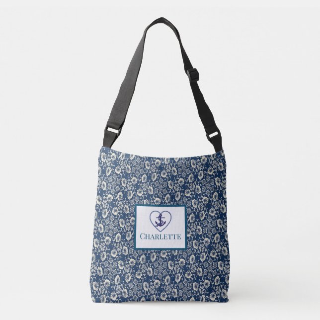 Bolsa De Tote Floral Azul Y Blanca Monogramada De  (Anverso)