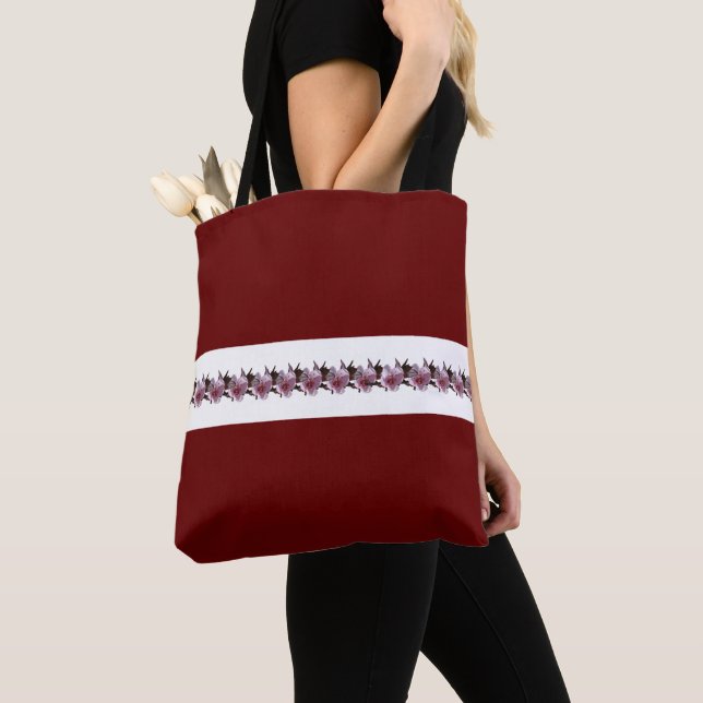 Bolsa de Tote - Flores de ciruela en franja blanca (Detalle)