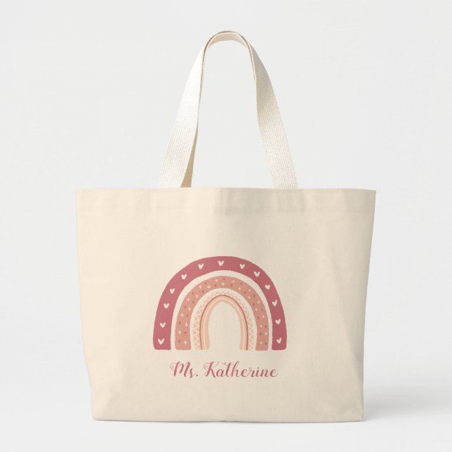 Bolsa de Tote grande del arcoiris Boho Pastel Rosa (Frente)