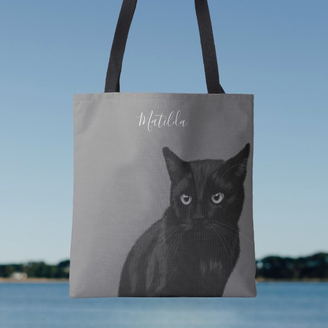 Bolsa de Tote Gris Gris de Arte de Gato Negro Pers (Just add your name to this cute cat tote bag. Purrfect!)