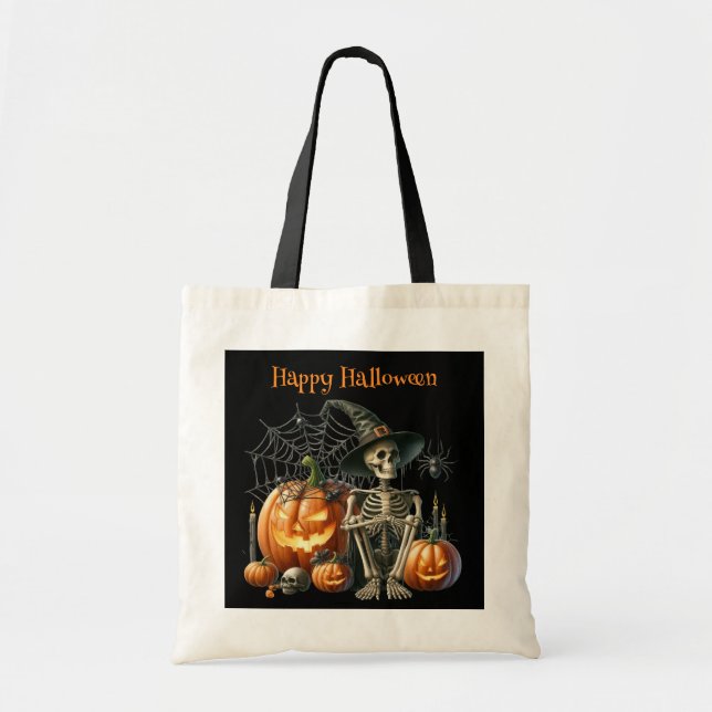 Bolsa de Tote Halloween con calabazas de esqueleto (Frente)