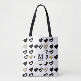 Bolsa de Tote Monograma de Corazón Negro y Oro