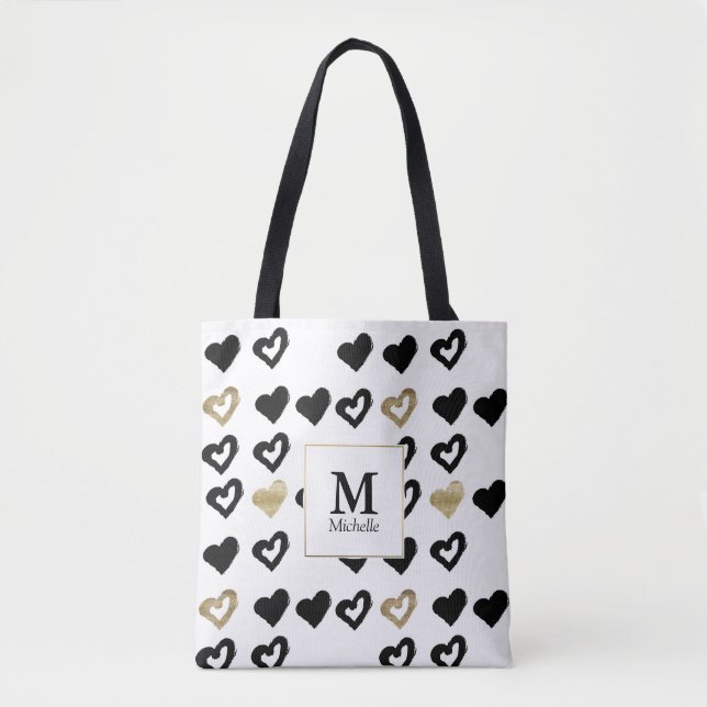 Bolsa de Tote Monograma de Corazón Negro y Oro (Anverso)