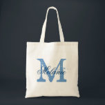Bolsa de tote monograma personalizada | azul y bla<br><div class="desc">Monograma de nombre personalizado en bolsa de tote | color azul marino y blanco. Elegante diseño de logotipo con iniciales de letras monocromáticas. Idea de regalo vintage para novias,  chicas de flores,  criadas de honor y damas de honor para bodas.</div>