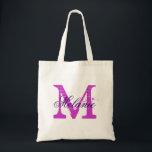 Bolsa de tote monograma personalizada | Púrpura or<br><div class="desc">Monograma de nombre personalizado en bolsa de tote | Color púrpura orquídea. Elegante diseño de logotipo con iniciales de letras monocromáticas. Idea de regalo vintage para novias,  chicas de flores,  criadas de honor y damas de honor para bodas. Tipografía de escritura elegante.</div>