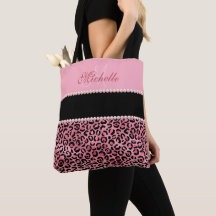 Bolsa De Tote Monogramada Rosa Y Negro De Leopardo