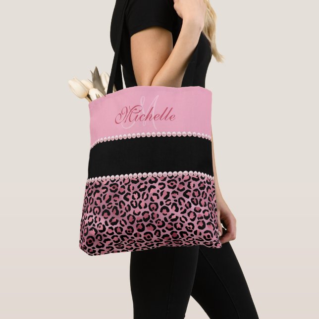 Bolsa De Tote Monogramada Rosa Y Negro De Leopardo (Detalle)