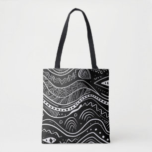 Bolsa de tote negra con patrón blanco abstracto