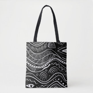 Bolsa de tote negra con patrón blanco abstracto