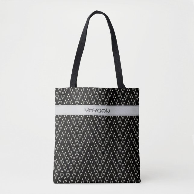 Bolsa de tote negra con patrón "V" blanco (Anverso)