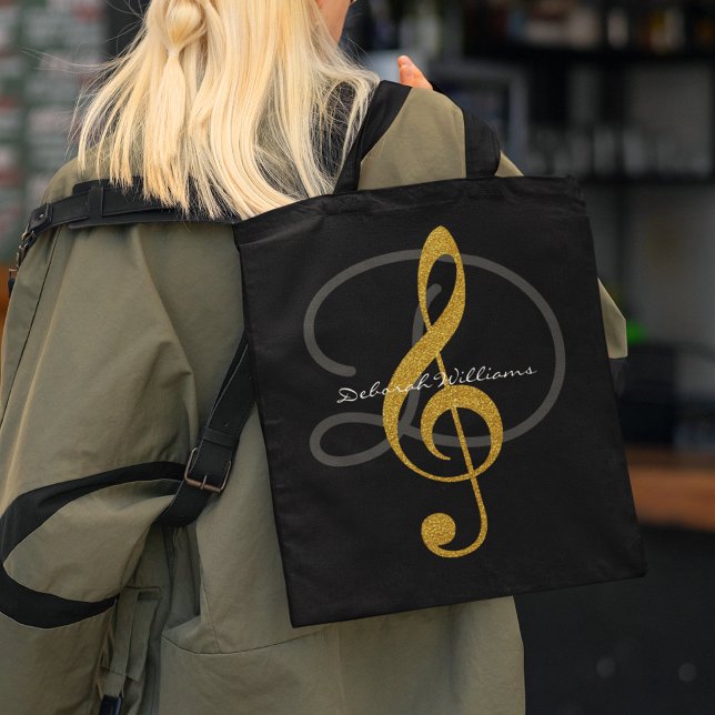 Bolsa de tote negra con su nombre y su trinquete (music style)