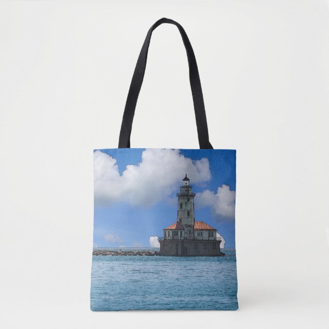 Bolsa de Tote Painterly, faro del puerto de Chicag (Anverso)