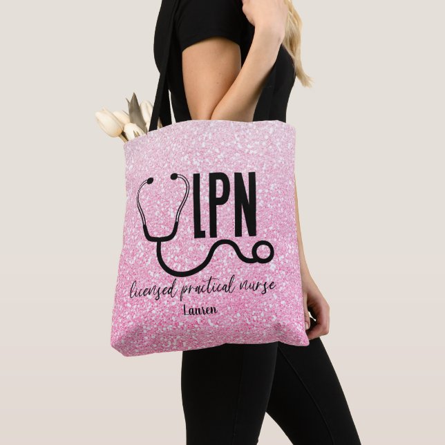 Bolsa de Tote para enfermera Purpurina rosa de LPN (Detalle)