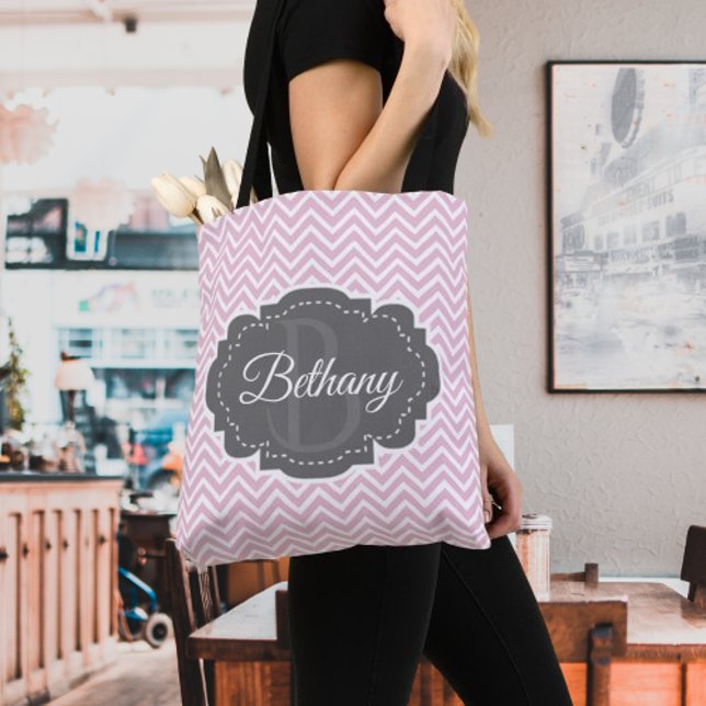 Bolsa De Tote Personalizada De Chevron Rosa (Pink Chevron Personalized Tote Bag)