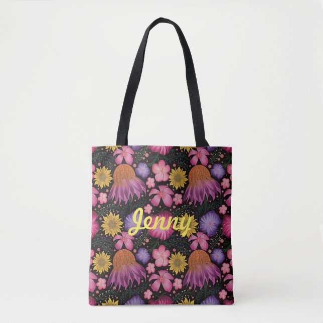 Bolsa de Tote Personalizada de Flor Negra Floral (Anverso)