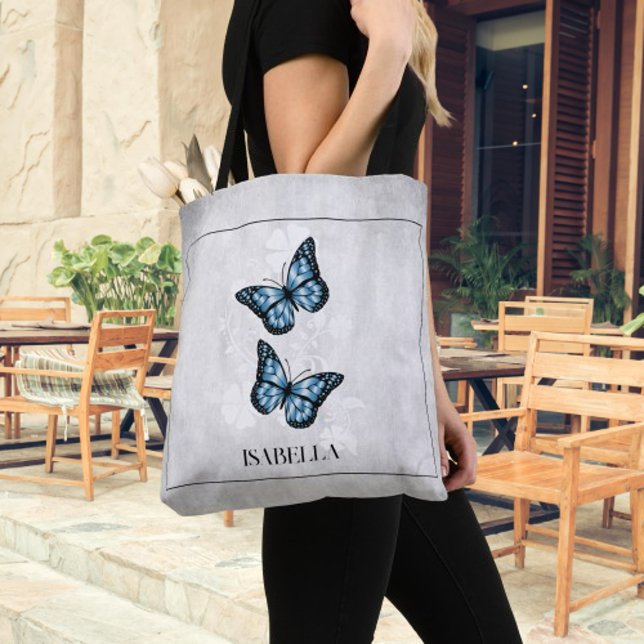 Bolsa De Tote Personalizada De Flora De Mariposa A (Blue Butterfly Floral Personalized Tote Bag)
