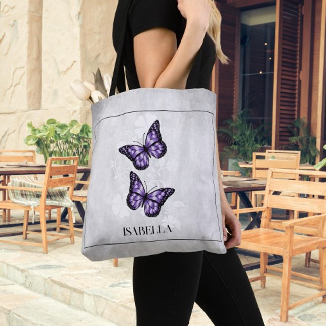 Bolsa De Tote Personalizada De Floral De Mariposa  (Purple Butterfly Floral Personalized Tote Bag)