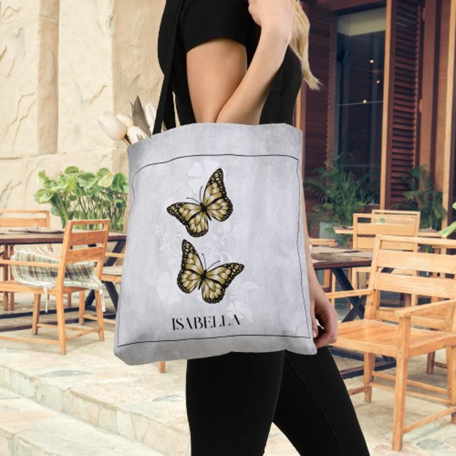 Bolsa de Tote Personalizada de Floral de Mariposa  (Gold Butterfly Floral Personalized Tote Bag)