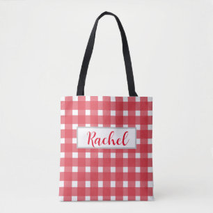Bolsa de Tote Personalizada de Gingham Blanco Rojo