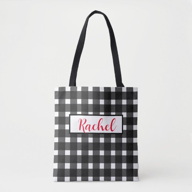 Bolsa de Tote Personalizada de Gingham en Blanco N (Anverso)