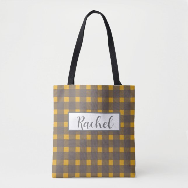 Bolsa de Tote Personalizada de Gingham Gris Amaril (Anverso)