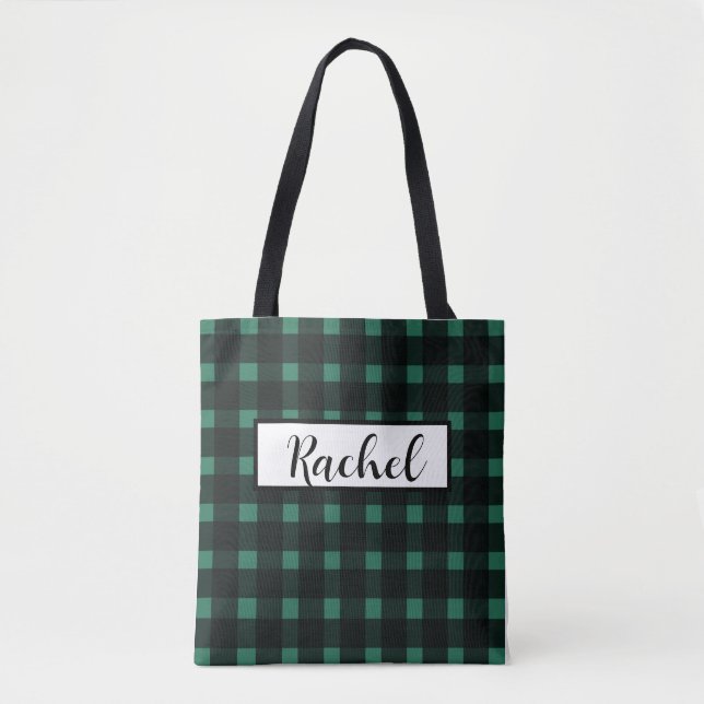 Bolsa de Tote Personalizada de Gingham Verde Negro (Anverso)