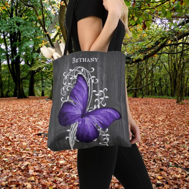 Bolsa de Tote personalizada de mariposa púrpura ru (Purple Rustic Butterfly Personalized Tote Bag)