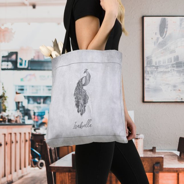 Bolsa De Tote Personalizada De Peacock Elegante Pl (Silver Elegant Peacock Personalized Tote Bag)
