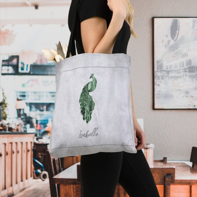 Bolsa De Tote Personalizada De Peacock Elegante Ve (Green Elegant Peacock Personalized Tote Bag)