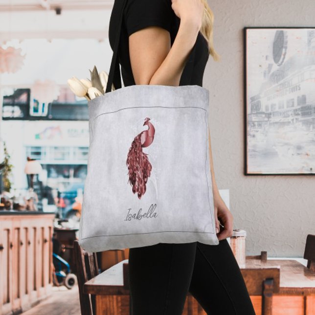 Bolsa De Tote Personalizada De Peacock Rojo Elegan (Red Elegant Peacock Personalized Tote Bag)