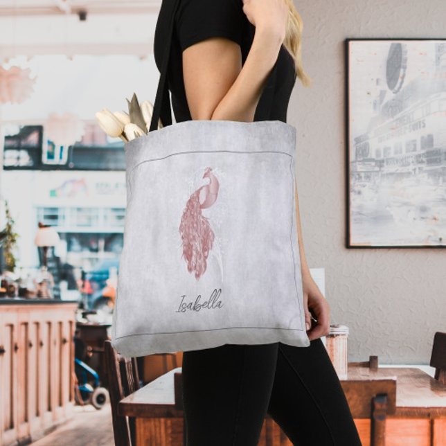 Bolsa De Tote Personalizada De Peacock Rosa Elegan (Pink Elegant Peacock Personalized Tote Bag)
