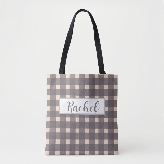 Bolsa de Tote Personalizada Gray Gingham Rosa (Anverso)