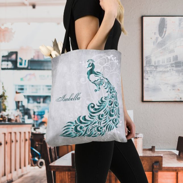 Bolsa de tote personalizada para pavo real verde a (Teal Peacock Personalized Tote Bag)