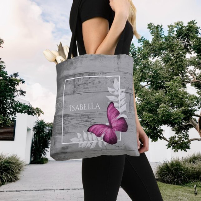 Bolsa de Tote Personalizada Rustica de Mariposa Ro (Pink Butterfly Rustic Personalized Tote Bag)