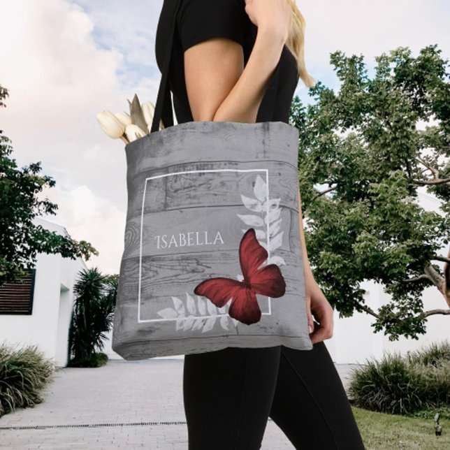 Bolsa de Tote Personalizada Rustica de Mariposa Ro (Red Butterfly Rustic Personalized Tote Bag)