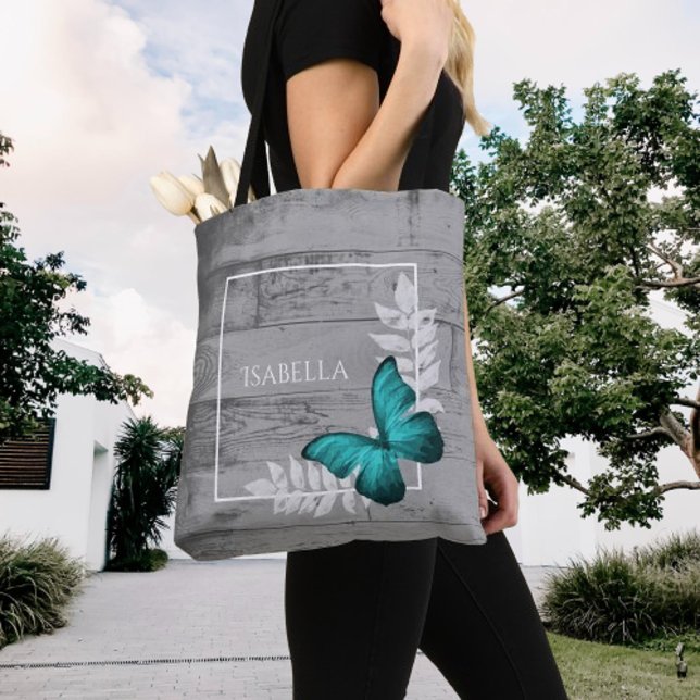 Bolsa de Tote Personalizada verde azulada de Marip (Teal Butterfly Rustic Personalized Tote Bag)