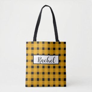Bolsa de Tote Personalizada Yellow Black Gingham