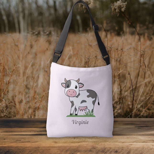 Bolsa de Tote rosa de Crossbody con una vaca dulce (Crossbody pink Tote Bag with a Cute Cow)