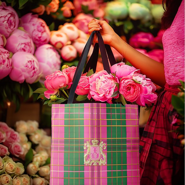 Bolsa de Tote Rosa y Verde Monogramada (Chic Luxe Plaid Green and Pink Crest Monogrammed Tote)
