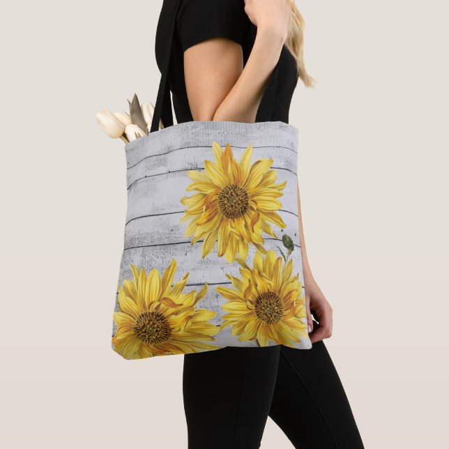 Bolsa De Tote Rústica De Los Sunflowers De Madera  (Detalle)