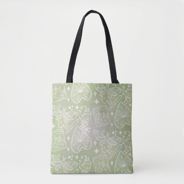 Bolsa de Tote verde sage mística - polilla, hierba (Anverso)