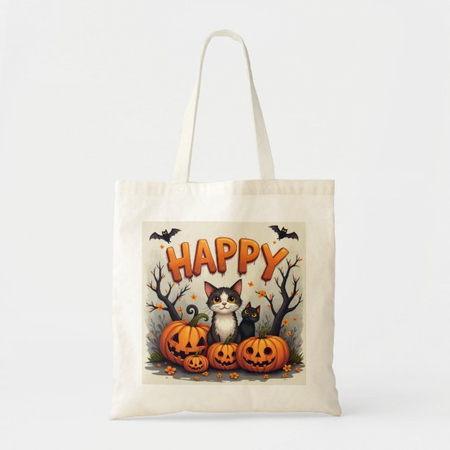 Bolsa ecológica del gato Feliz de Halloween (Frente)