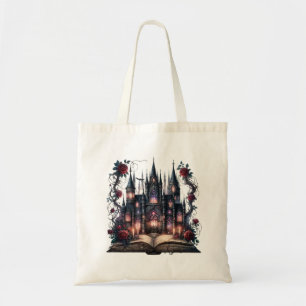 Bolsa gótica con libro abierto, castillo y Rosas