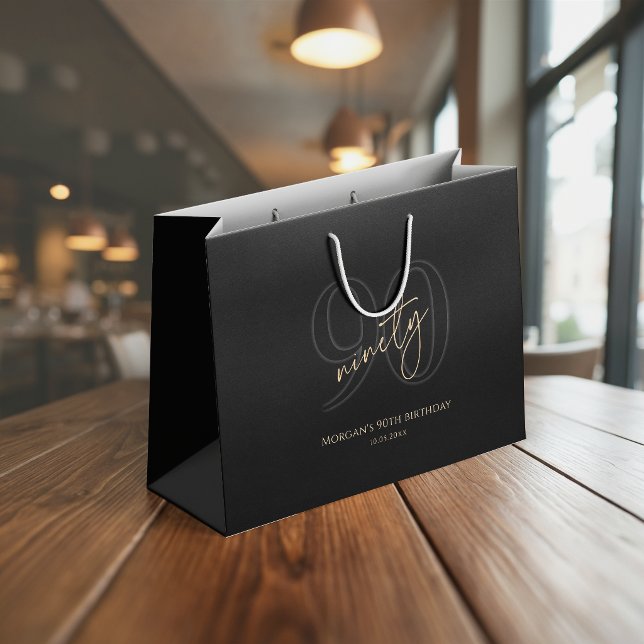 Bolsa Grande de Regalo por el 90 Cumpleaños de Oro (Modern Black Gold 90th Birthday Large Gift Bag)