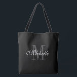 Bolsa grande negra con monograma de moda<br><div class="desc">Bolsa grande negra con monogramo de moda. Elegante bolsa monogramada para compras,  comestibles,  oficina,  libros,  deportes,  boda y más. Plantilla de diseño de tipografía en blanco y negro. Doble cara sobre la impresión con mangos negros. Moda Ideas para regalo de cumpleaños para mujeres.</div>