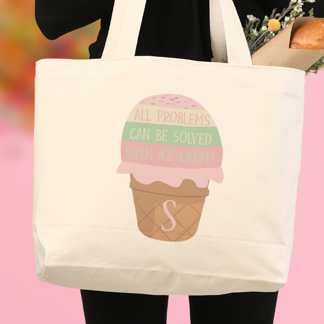 Bolsa Jumbo Tote Monogramada De Crema De Hielo Cut (All problems can be solved with ice cream. Just add your initial to this cute summer tote bag)