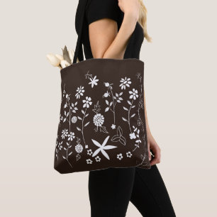 Bolsa marrón oscura con flores blancas